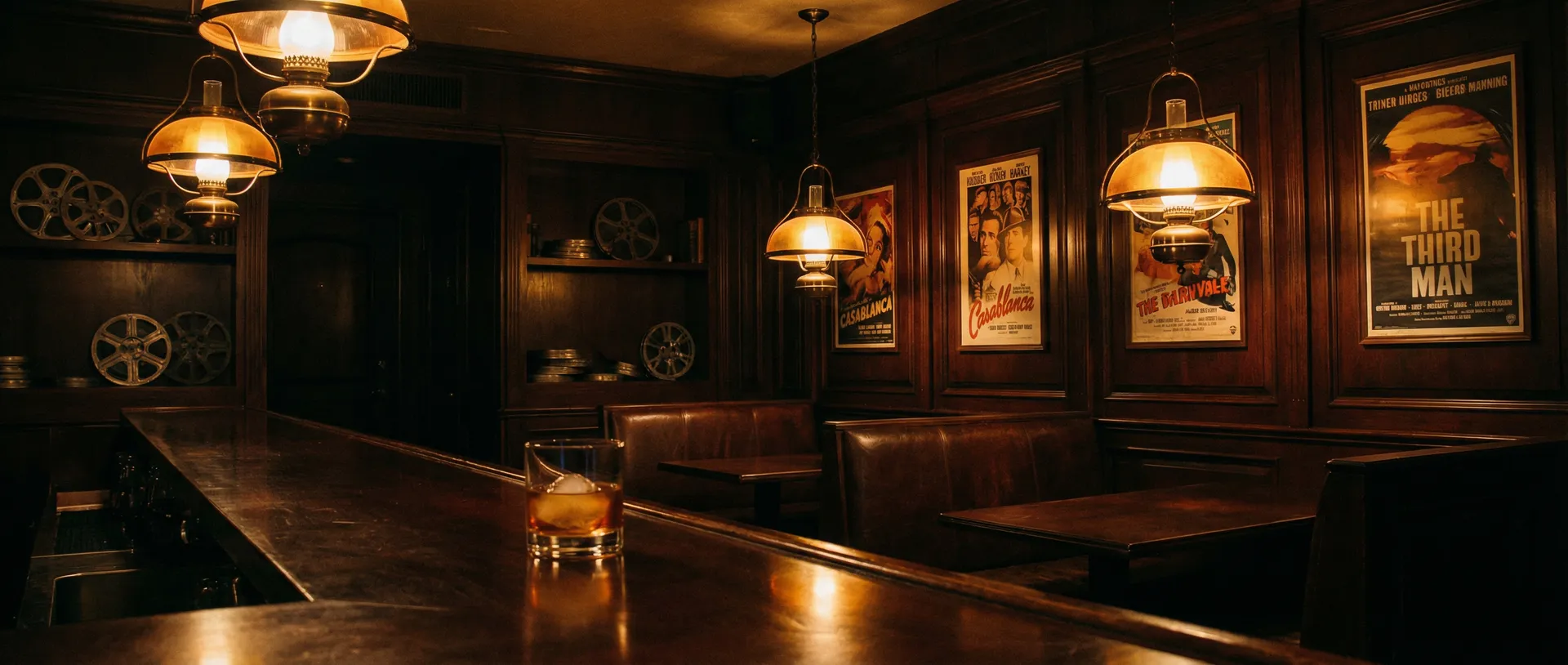 老式酒馆吧台上的威士忌杯与暖黄灯光 - 绿帽社 酒馆氛围